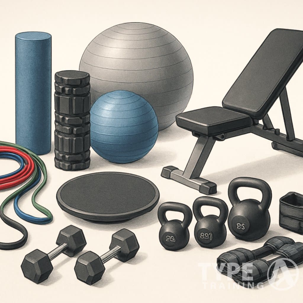 A collection of various corrective exercise tools and equipment including resistance bands, foam rollers, stability balls, balance boards, kettlebells, dumbbells, benches, and ankle weights arranged neatly.