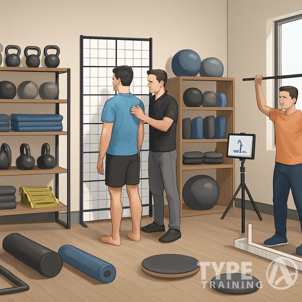 A fitness studio with specialized equipment for corrective exercise, showing a trainer assessing a client using posture and movement tools.