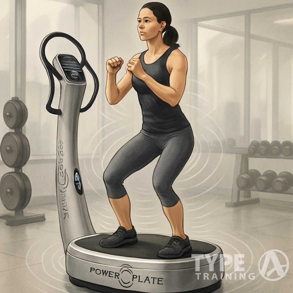 A person standing on a Power Plate vibration machine in a gym, with visual waves showing the vibration effect.