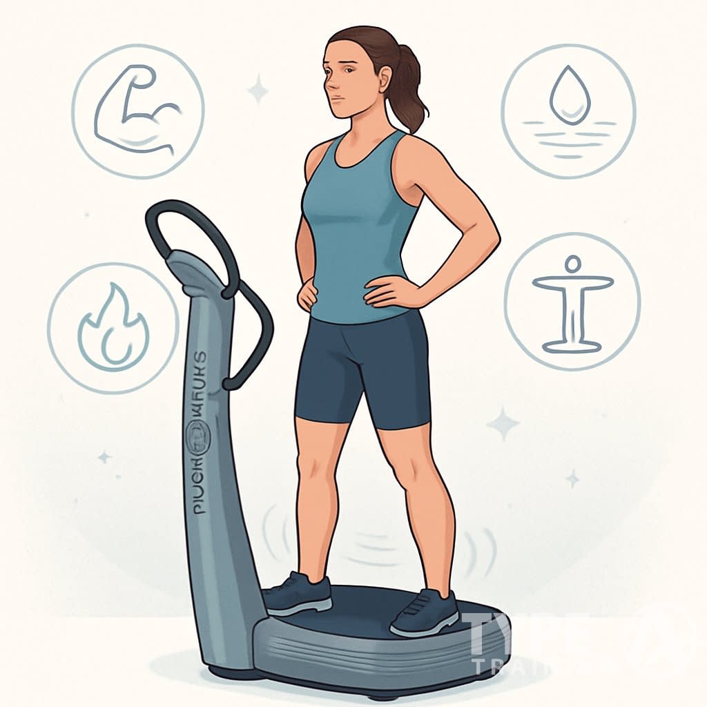 A fit person standing on a vibrating exercise platform with icons around showing health and fitness benefits.