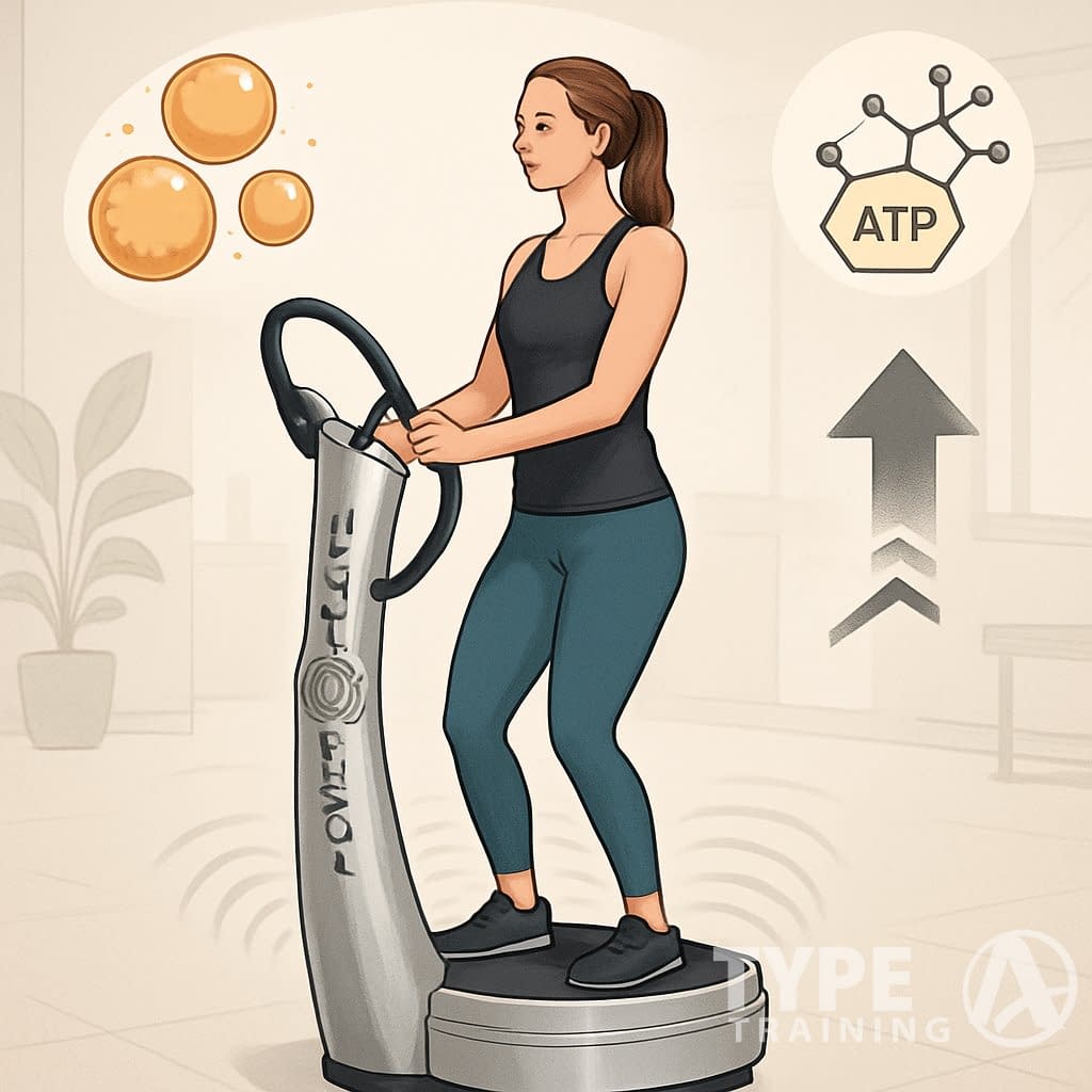 A person standing on a vibration exercise platform surrounded by visual symbols representing metabolism and weight management in a gym setting.