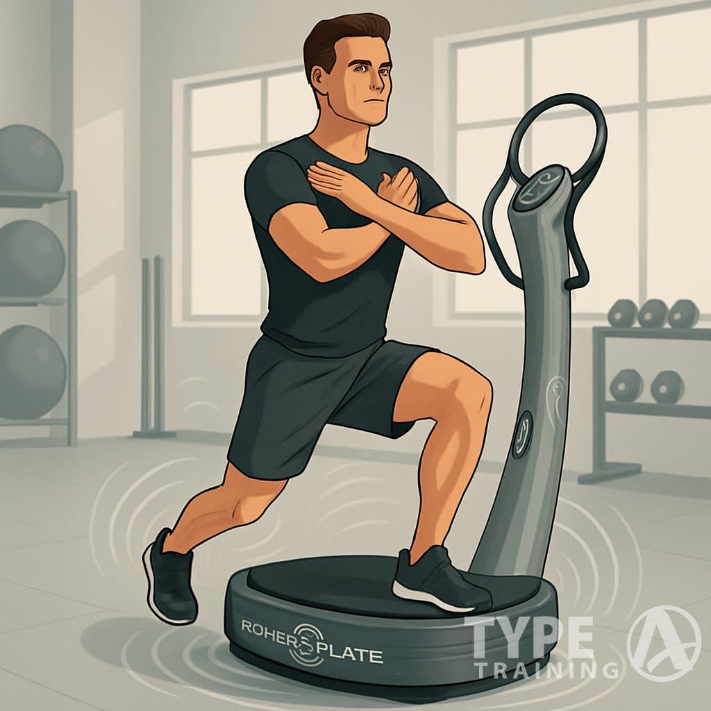 A person standing on a Power Plate machine in a fitness studio, demonstrating whole-body vibration exercise with vibration waves shown around the platform.