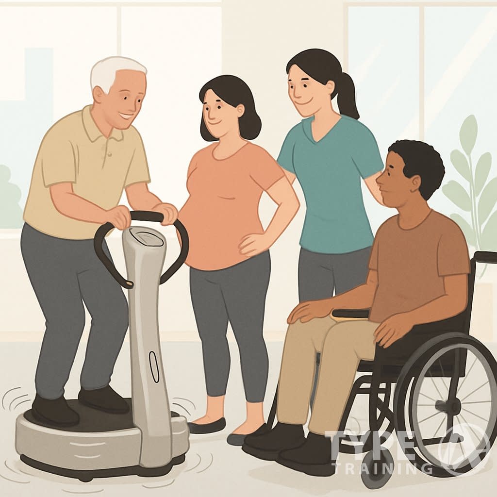 A group of diverse people, including an elderly person, a pregnant woman, and a person with a disability, using a Power Plate vibration machine in a gym with a trainer supervising.