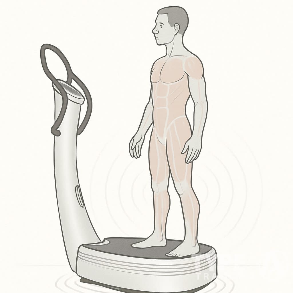 A person standing on a fitness vibration platform with gentle waves around it, showing whole-body vibration training.