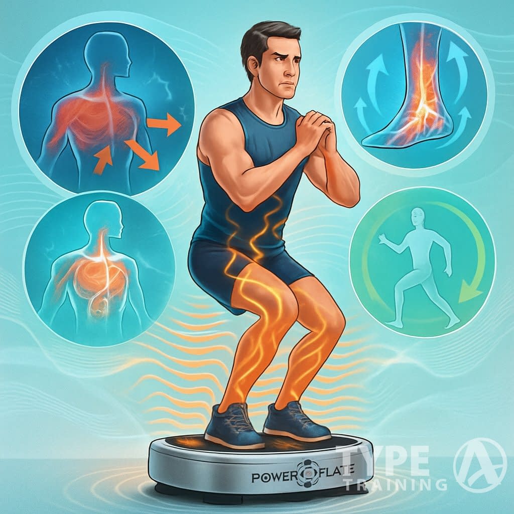 An athletic person standing on a Power Plate vibration platform with visual elements showing muscle activation, improved circulation, and enhanced balance around them.