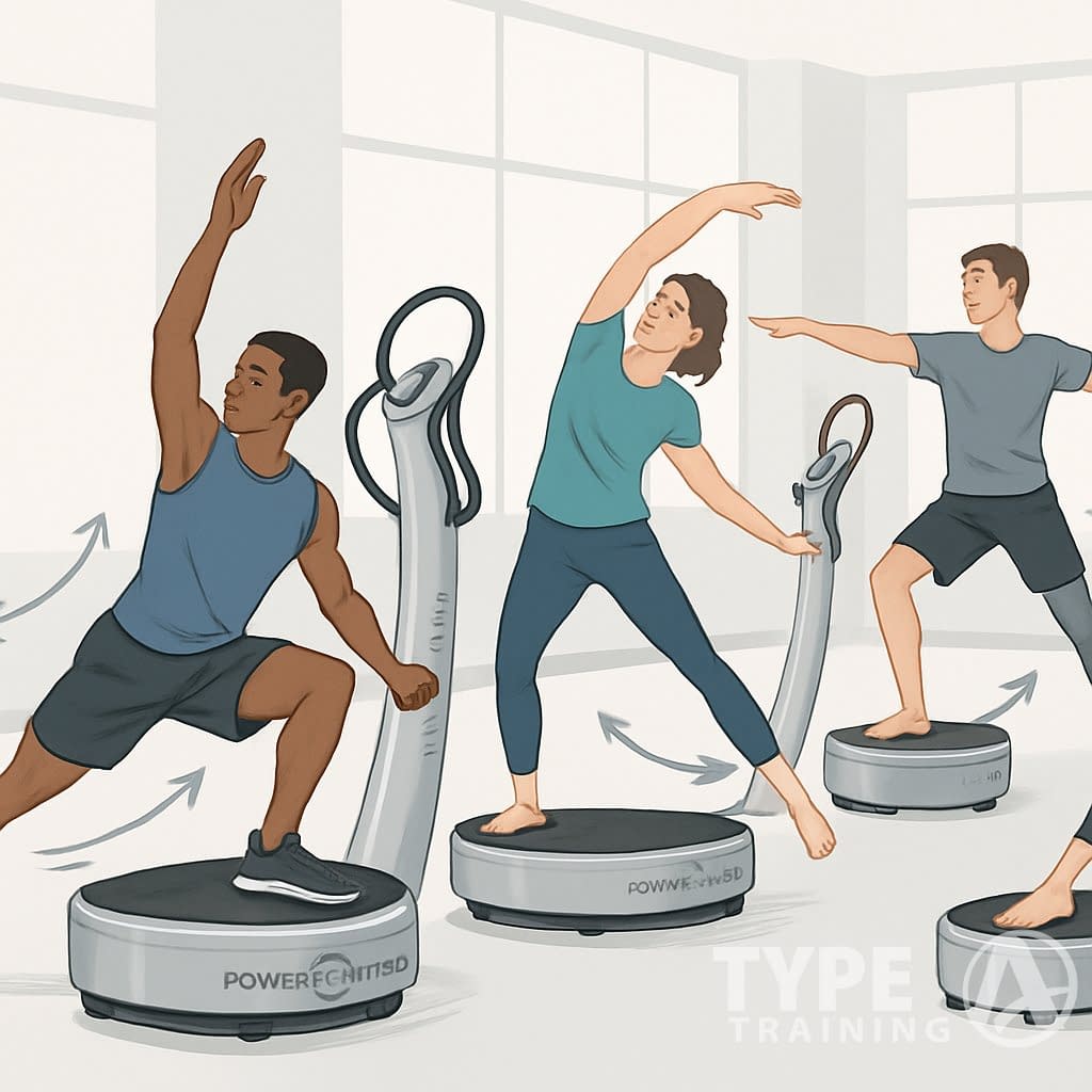 A group of adults exercising on Power Plate machines in a gym, demonstrating improved flexibility and range of motion through dynamic stretching and balanced poses.