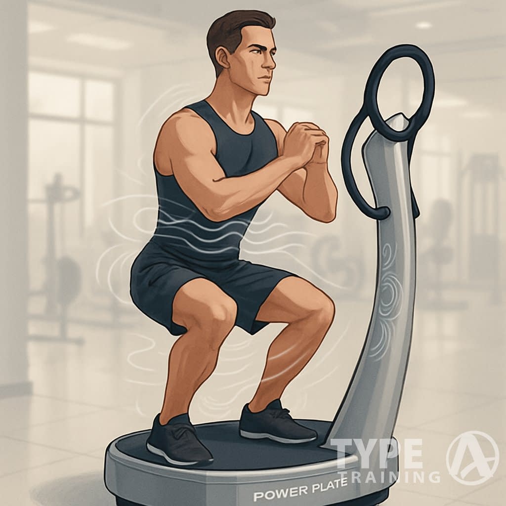 A person standing on a Power Plate machine in a gym, maintaining balance and engaging their core during exercise.