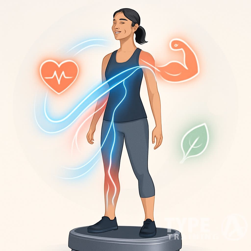 A person standing on a vibration platform surrounded by glowing arrows and icons representing improved circulation, muscle recovery, and wellness.