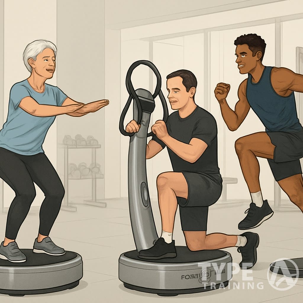 Three people of different ages exercising on Power Plate machines in a gym, demonstrating balance, strength, and fitness activities.