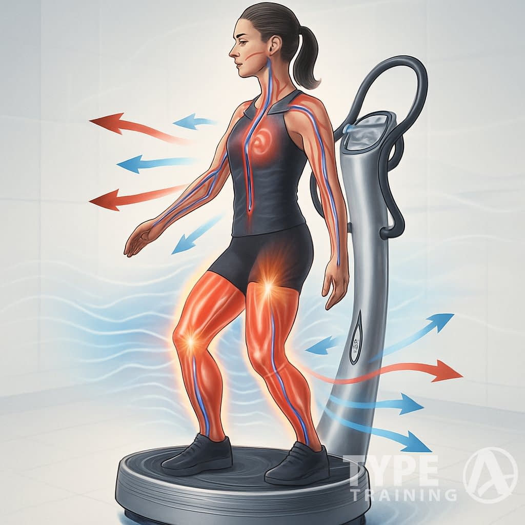 A person standing on a Power Plate machine with colorful arrows around their legs and muscles symbolizing improved blood flow and muscle recovery.