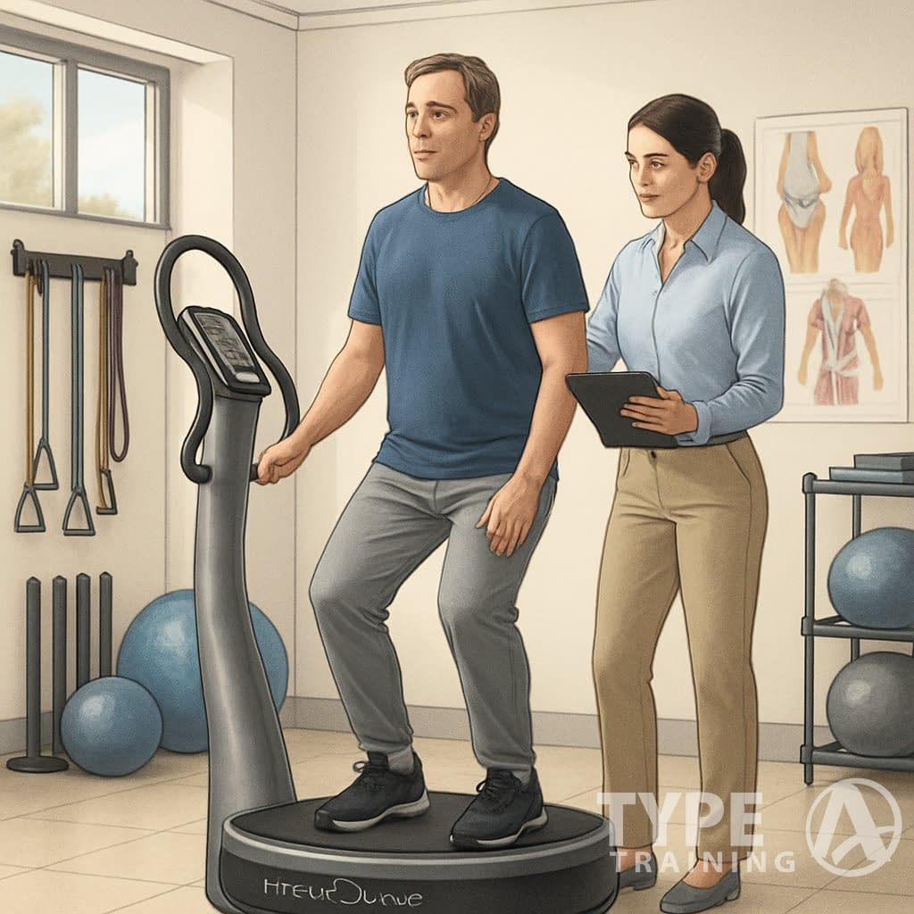 A patient using a Power Plate vibration platform in a rehabilitation clinic while a physical therapist provides guidance.
