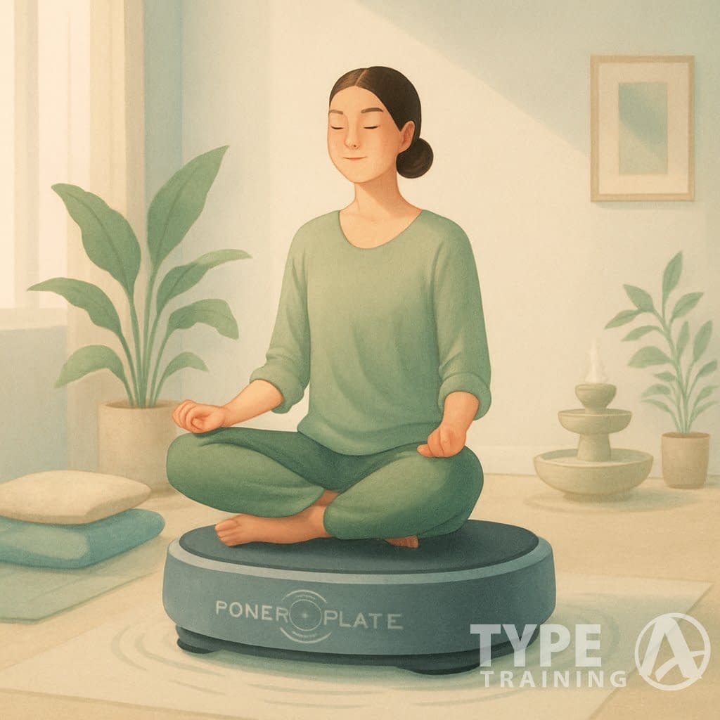 A person using a power plate machine in a calm room designed for stress relief and relaxation, surrounded by plants and soft lighting.