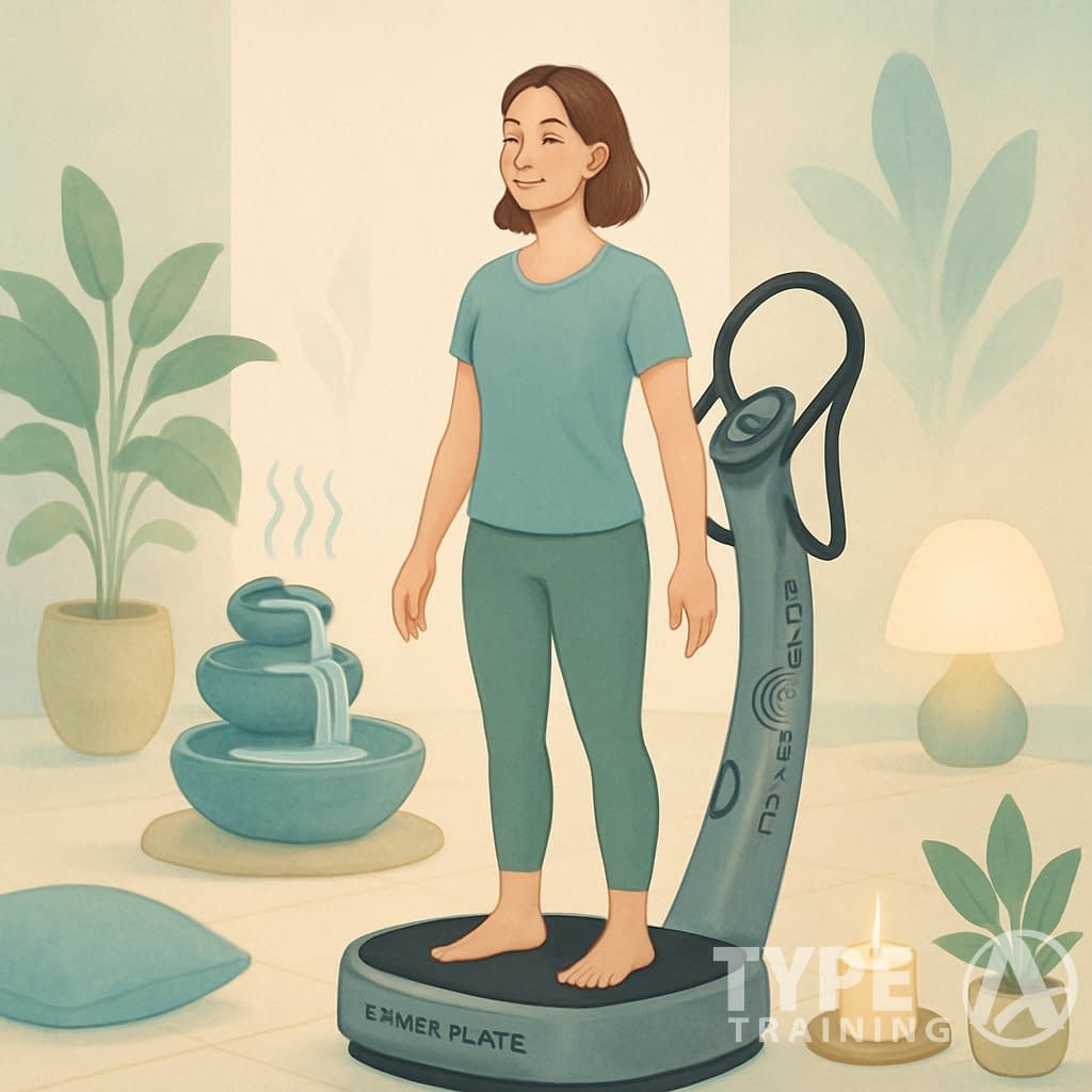 A person calmly using a Power Plate machine in a peaceful, softly lit room with plants and relaxing decor.