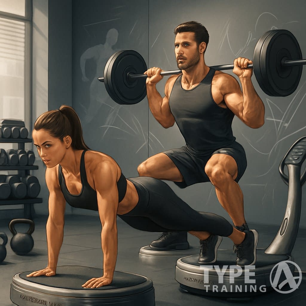A man and a woman exercising on Power Plate machines in a gym, performing strength training exercises with equipment around them.