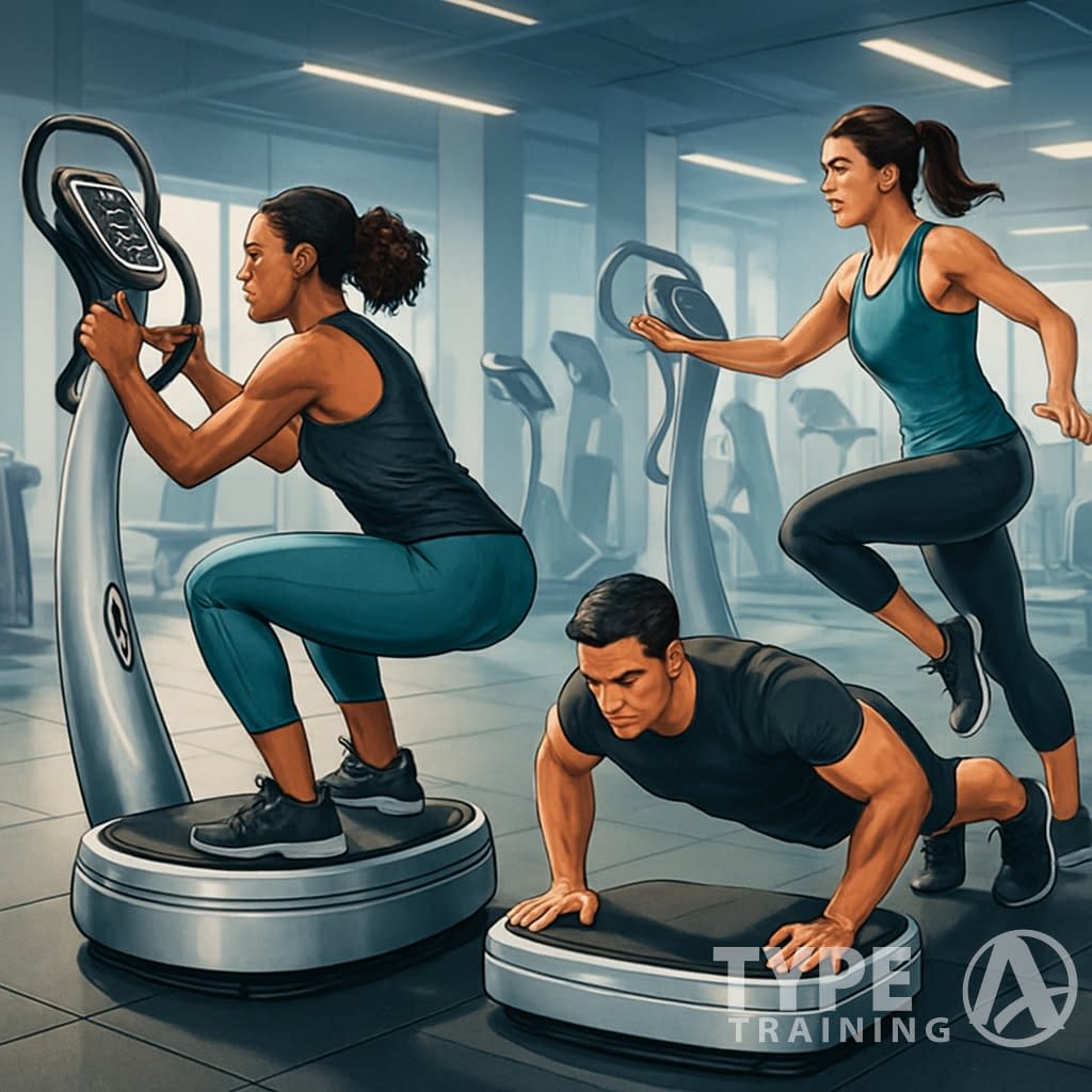 People exercising on power plate machines in a gym, performing strength and balance workouts with safety features visible.