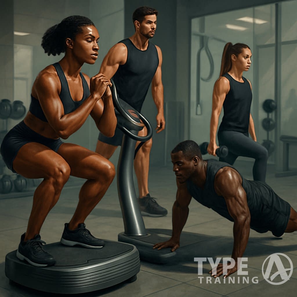 A group of athletes performing advanced strength exercises on Power Plate machines in a modern gym.