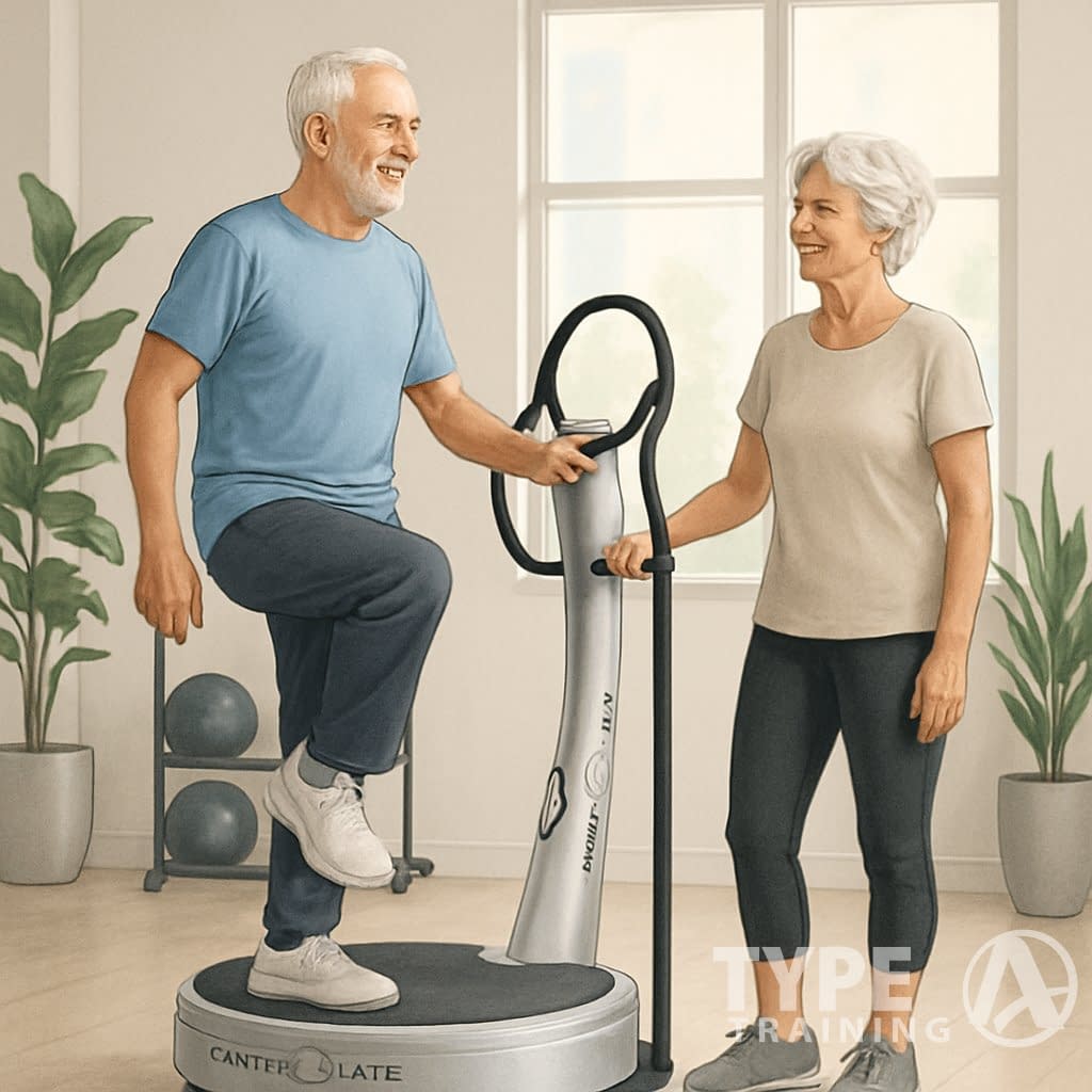 A senior man and woman exercising safely on a Power Plate machine in a bright fitness studio.