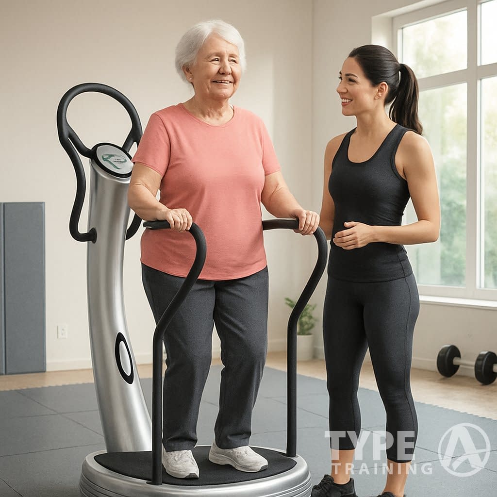 An elderly woman standing on a vibration training machine with a trainer nearby in a bright fitness studio.