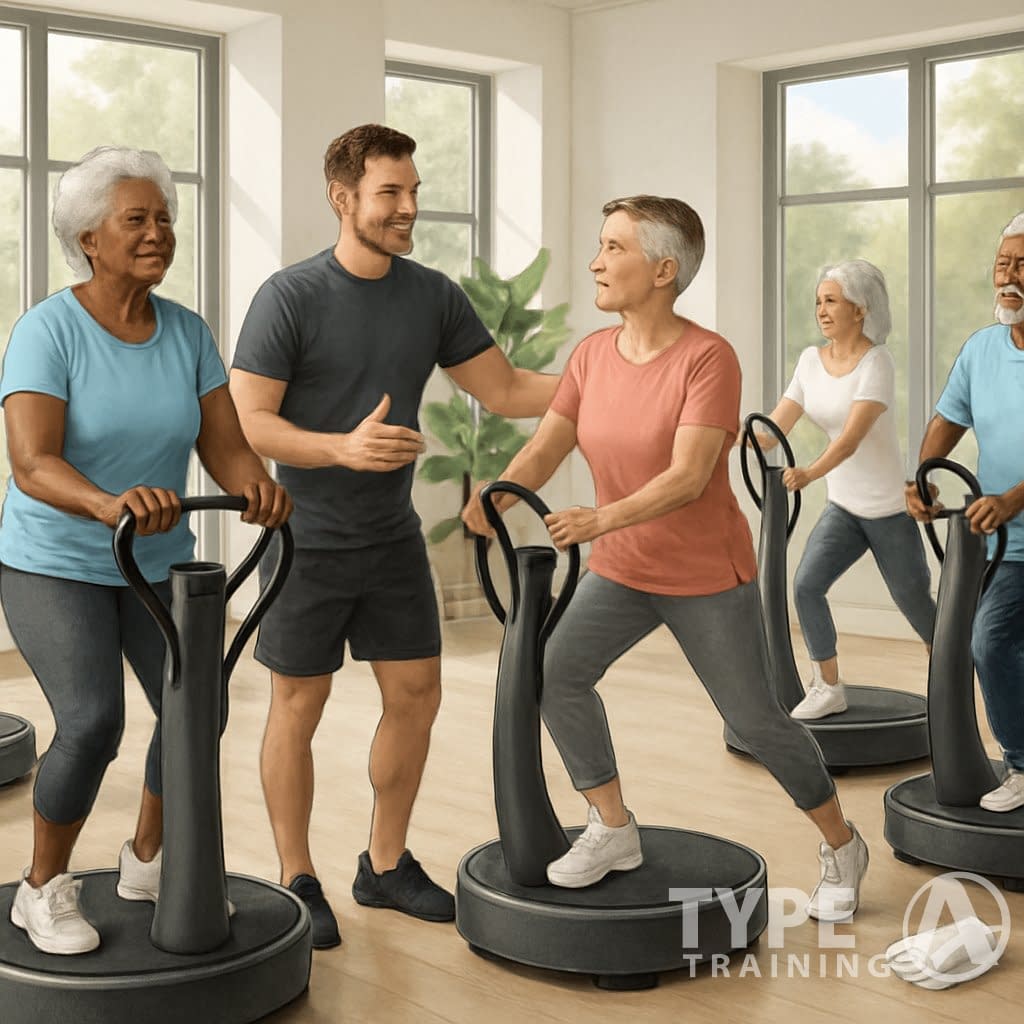 A group of seniors exercising on Power Plate machines in a bright fitness studio with an instructor assisting them.