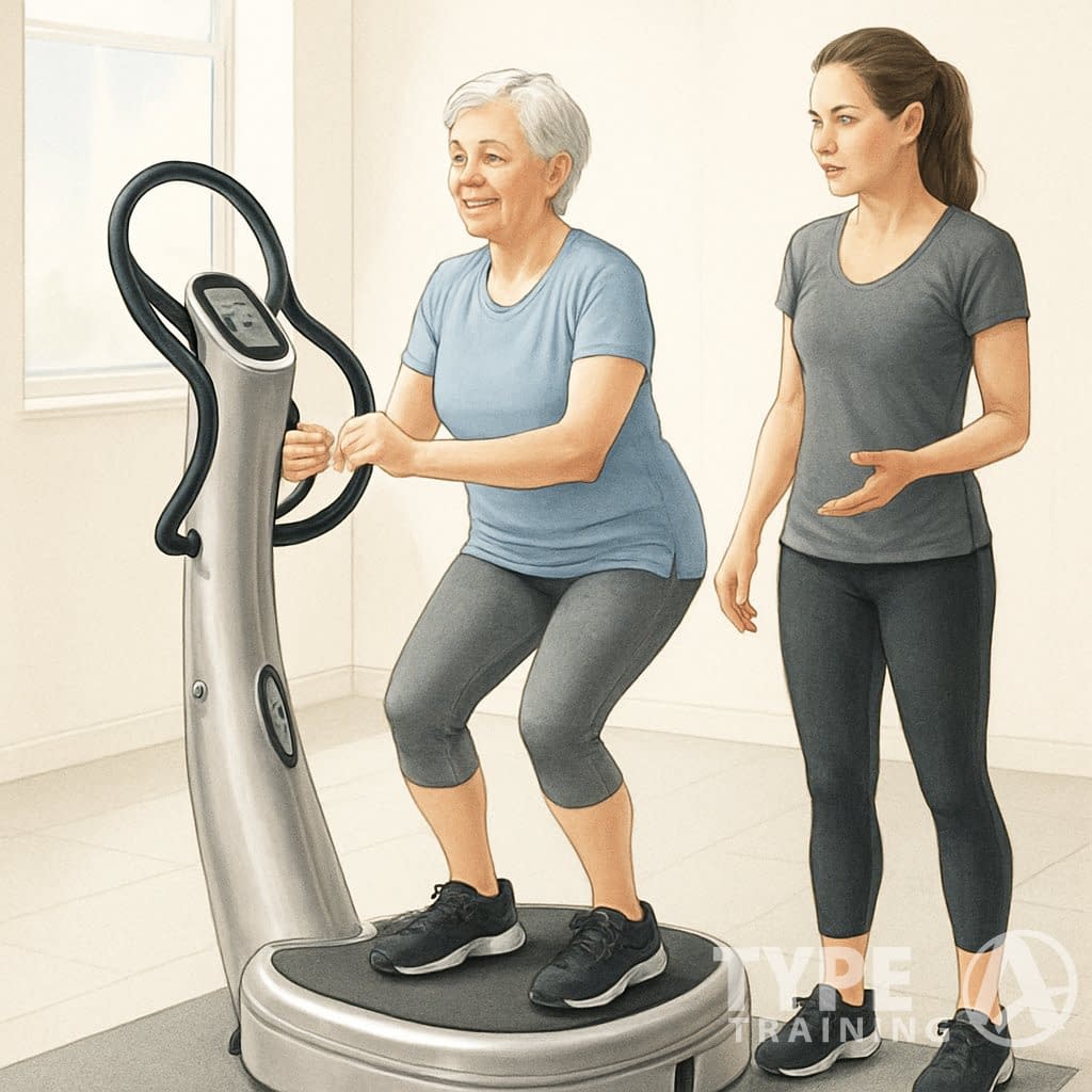 An elderly woman uses a vibration exercise machine in a fitness studio while a trainer watches and guides her to ensure safety.