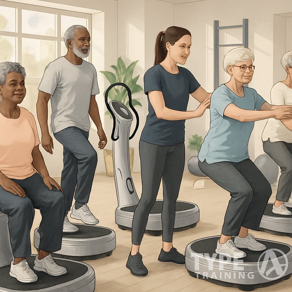 A group of senior adults exercising on Power Plate machines in a bright fitness studio with an instructor assisting them.