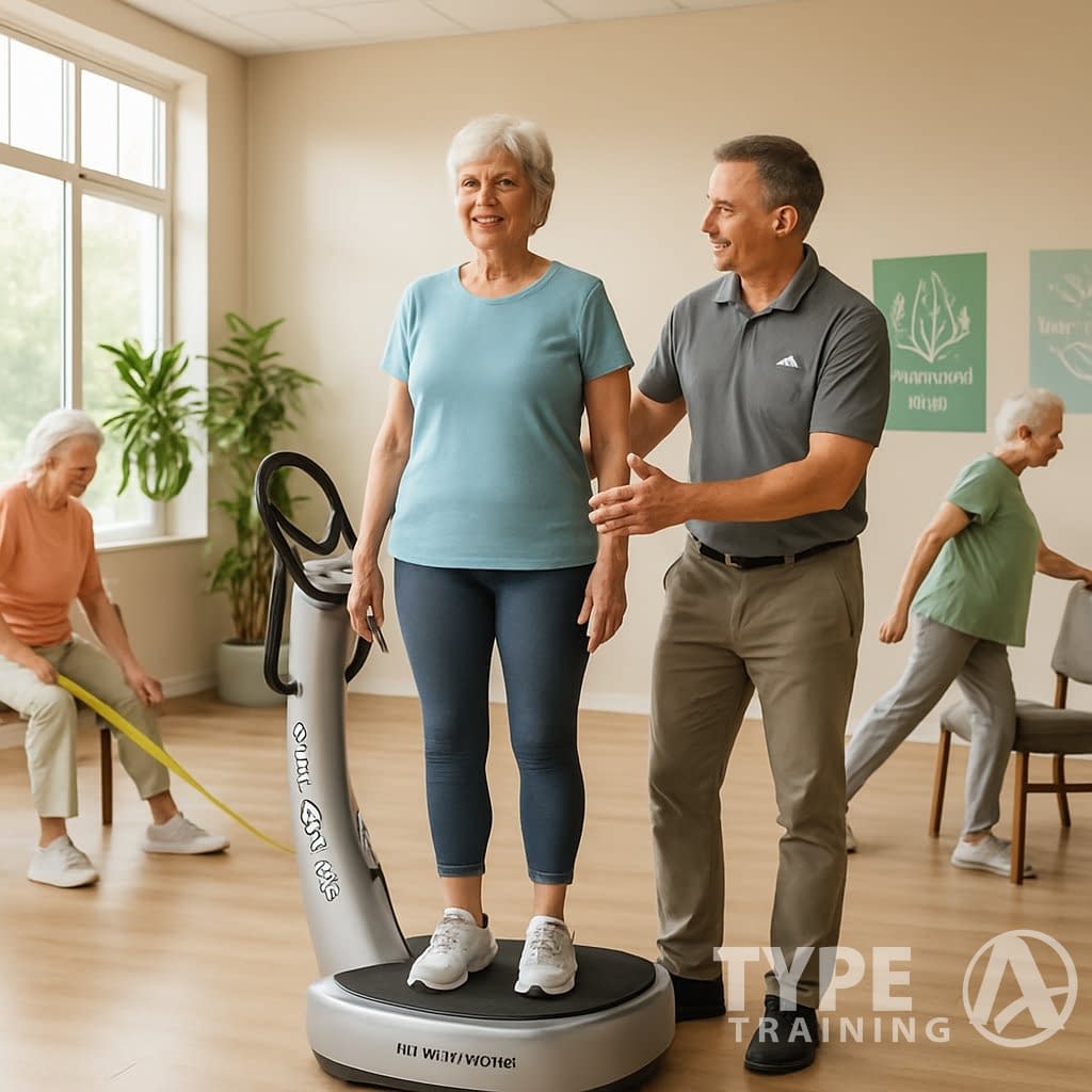 An elderly woman using a Power Plate vibration platform guided by a trainer in a senior wellness center, with other seniors exercising nearby.