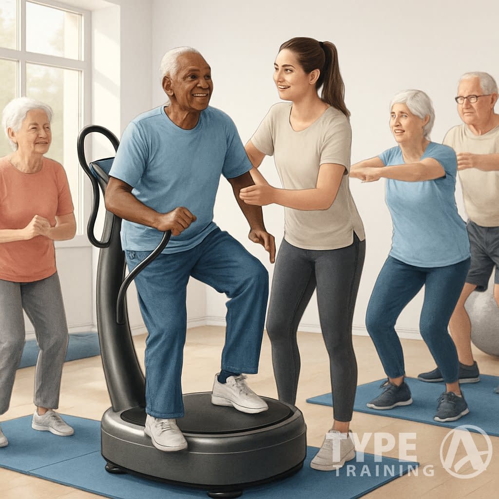 A group of seniors exercising safely on a Power Plate machine in a bright fitness studio with an instructor guiding them.