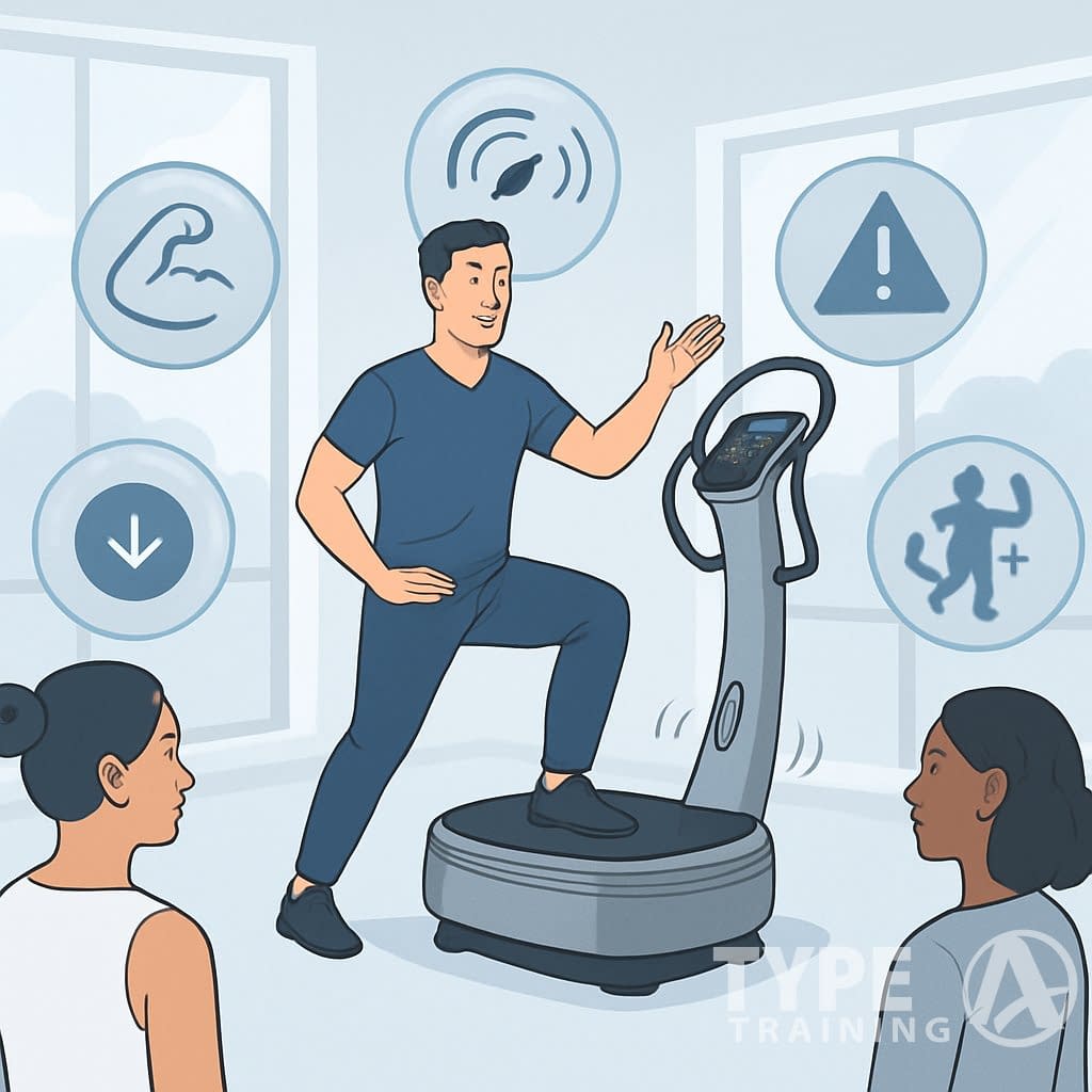A fitness instructor demonstrating a Power Plate machine to a group of people in a bright gym setting.