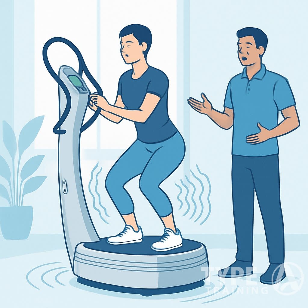 A person standing on a Power Plate exercise machine with a trainer nearby, showing how the machine works with energy waves around the platform.