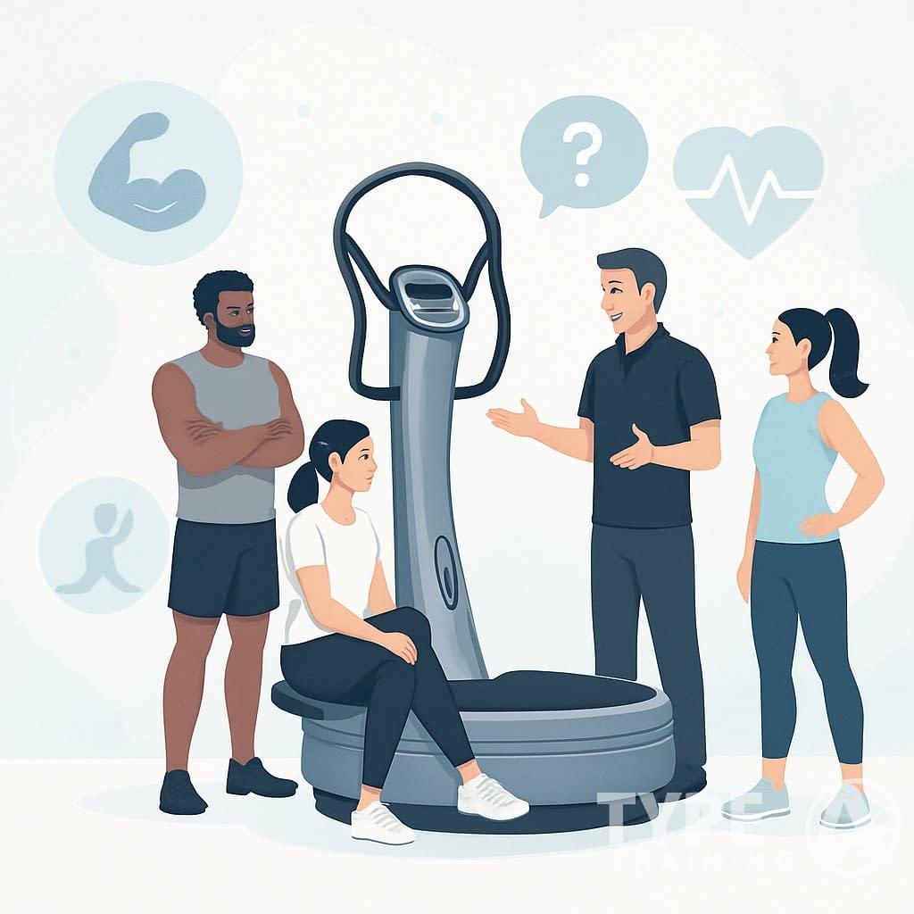A modern Power Plate fitness machine with a trainer demonstrating it to a user while others observe, surrounded by icons representing health and fitness benefits.