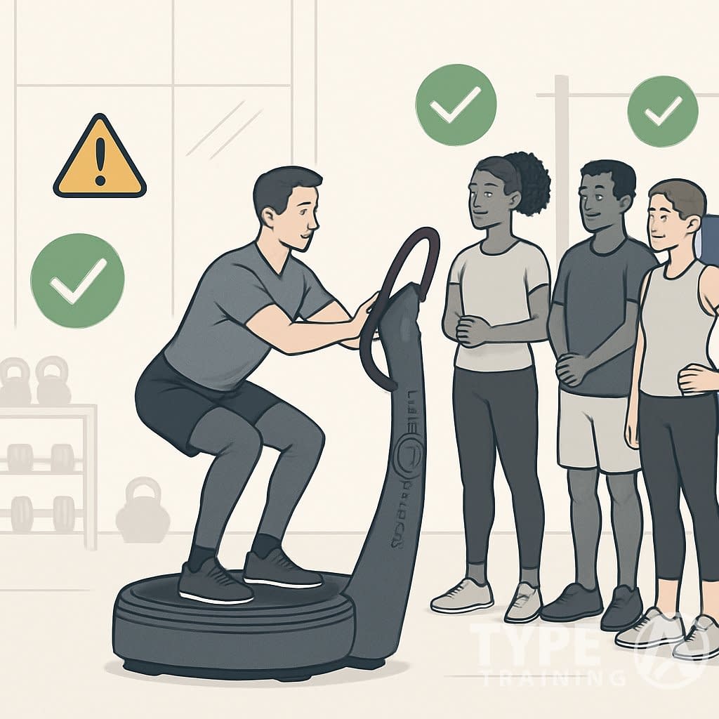 A trainer demonstrates proper use of a Power Plate machine to a group of people in a modern gym, highlighting safety and beginner tips.