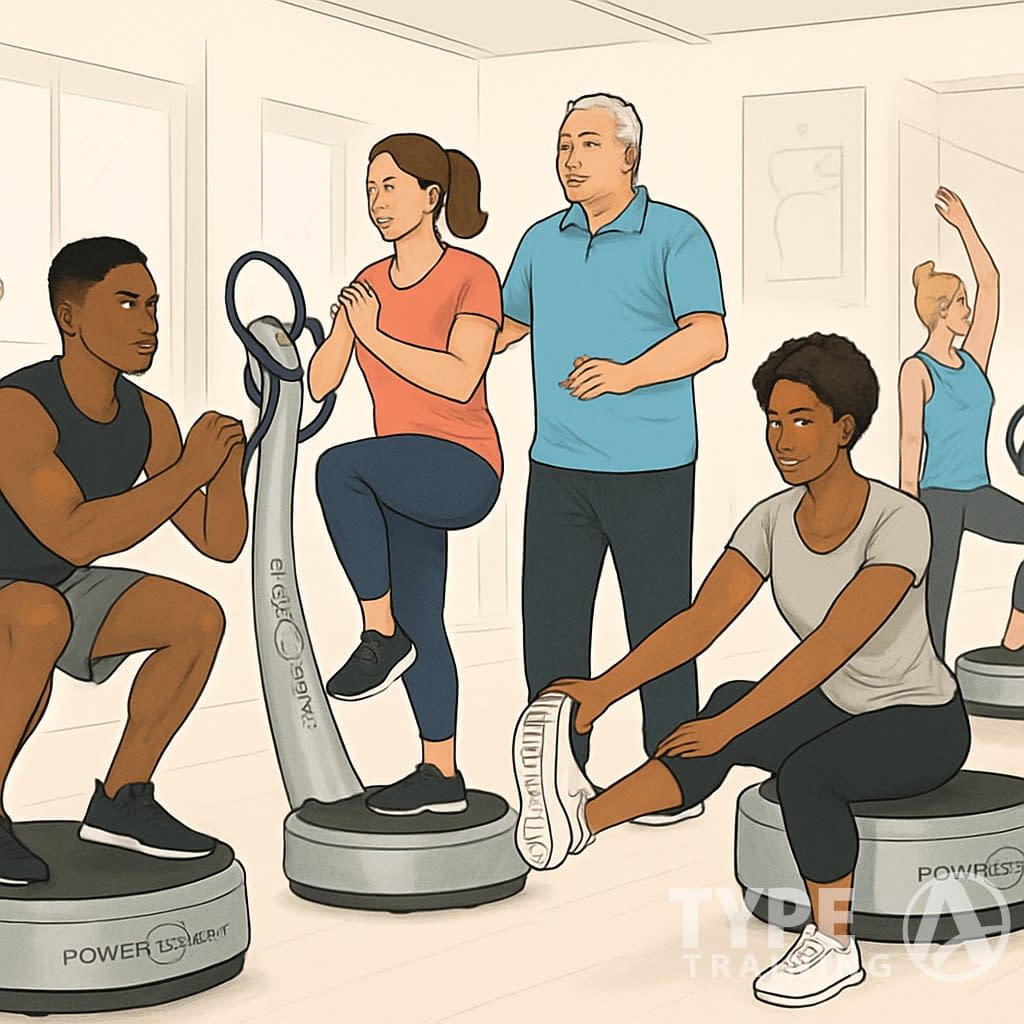 A diverse group of people exercising on Power Plate machines in a bright gym, performing different fitness activities like squats, balance exercises, and stretching.