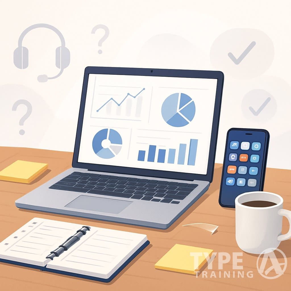 A modern workspace with a laptop, smartphone, planner, and productivity tools on a desk surrounded by icons representing support and assistance.