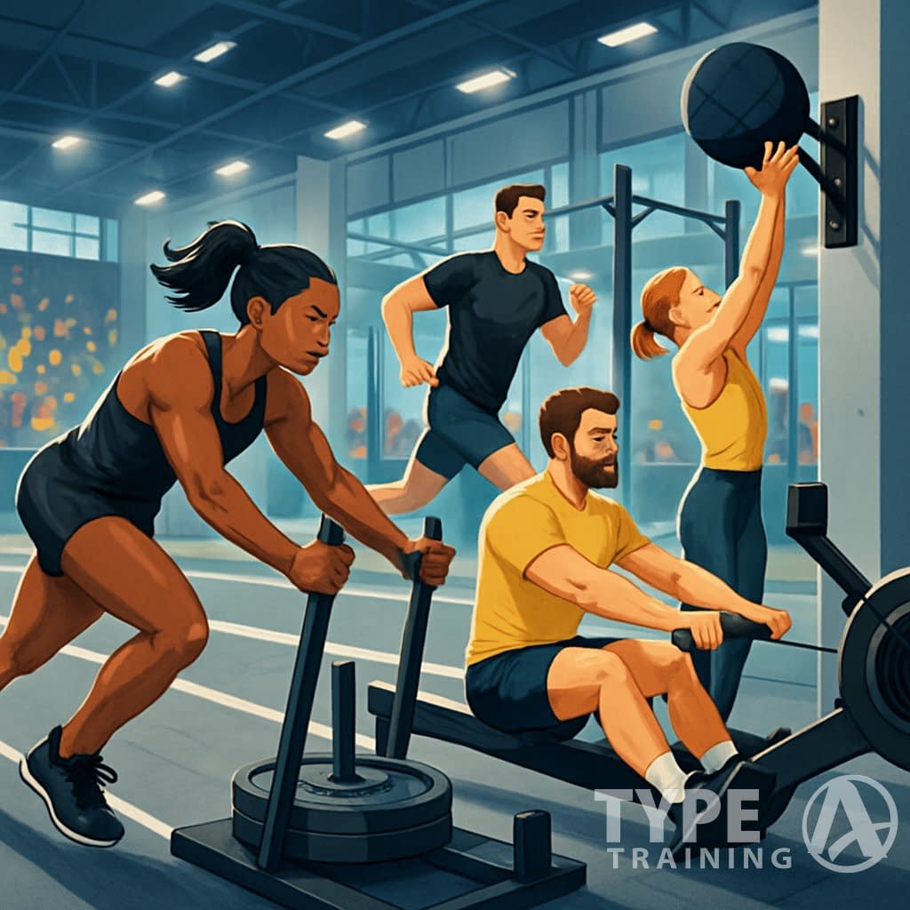 Athletes participating in a multi-stage fitness race inside a gym, performing running, rowing, sled pushing, and wall ball exercises with spectators watching.