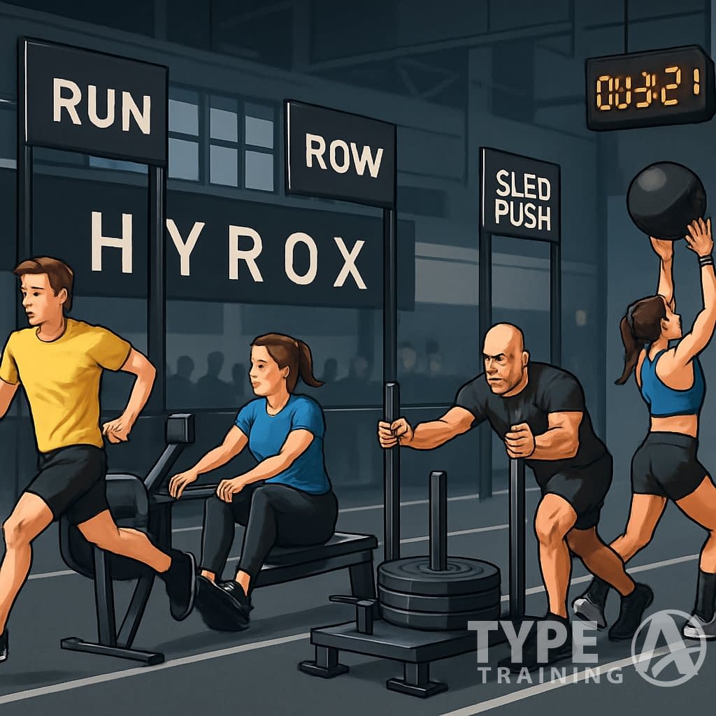 Athletes competing in various fitness activities like running, rowing, sled pushing, and wall balls inside a sports arena with different race stations.