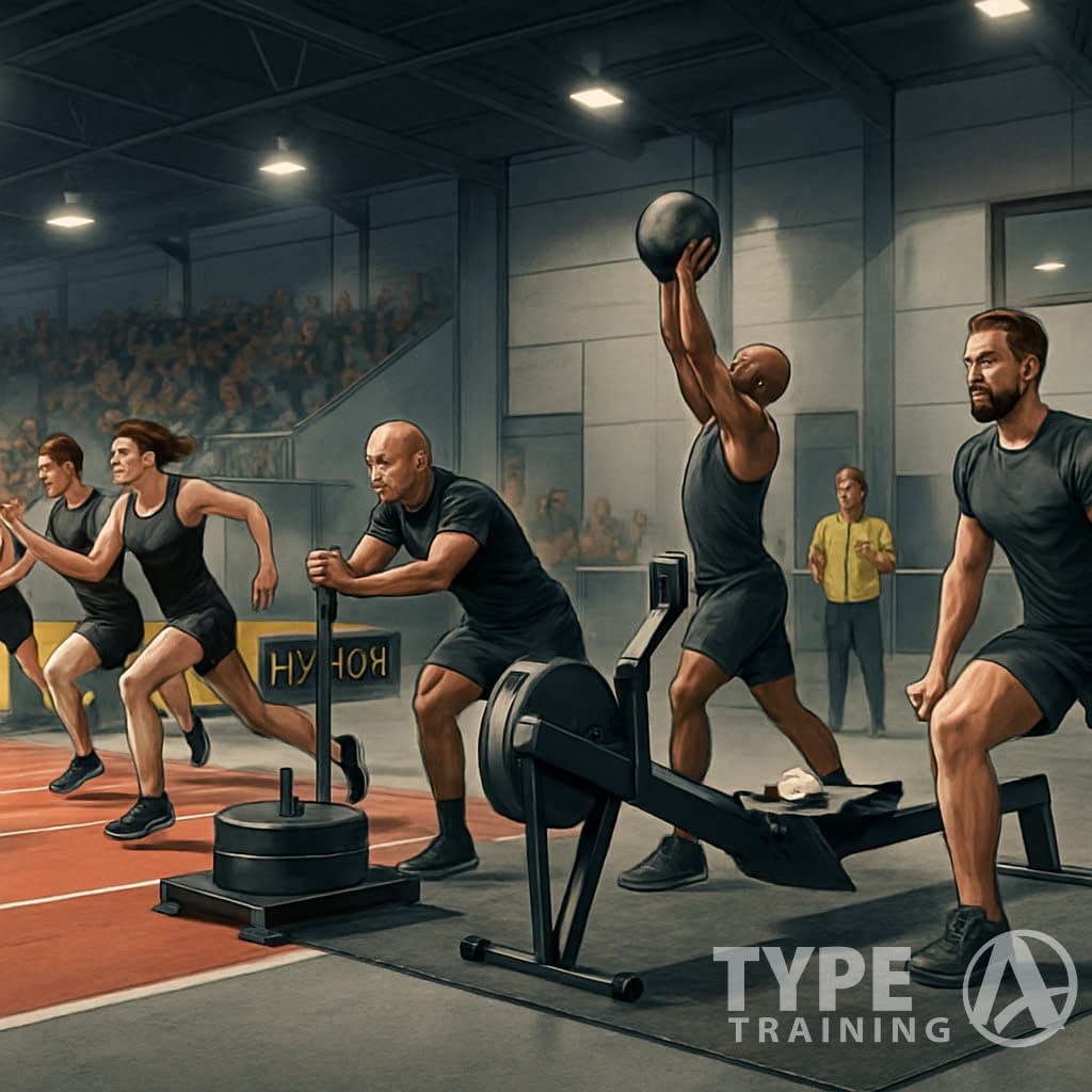 Athletes competing in an indoor HYROX race, running and performing fitness exercises in sequence within a sports arena.