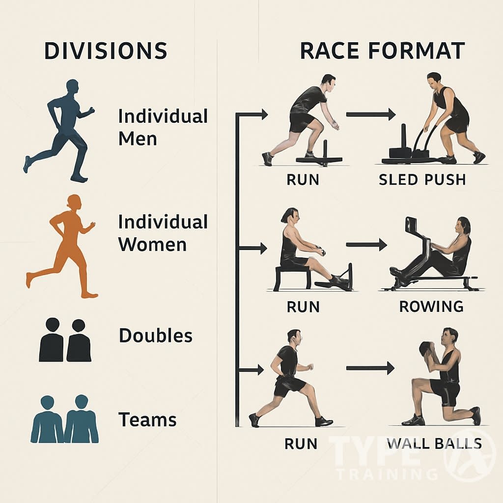 An infographic showing different athlete divisions and a step-by-step sequence of exercises in a HYROX race, with athletes performing running and functional workout stations.