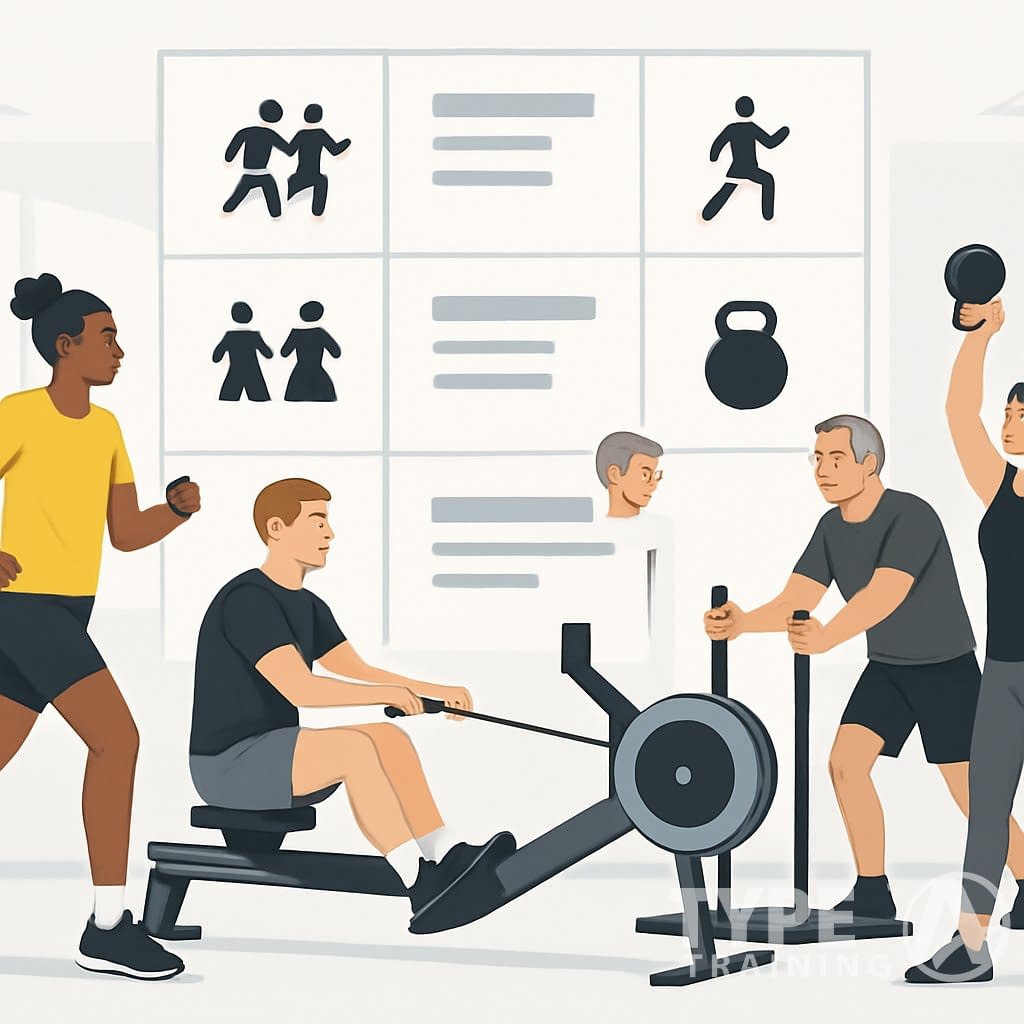 A group of diverse athletes performing various fitness exercises in a modern gym with a background showing icons representing different workout categories.