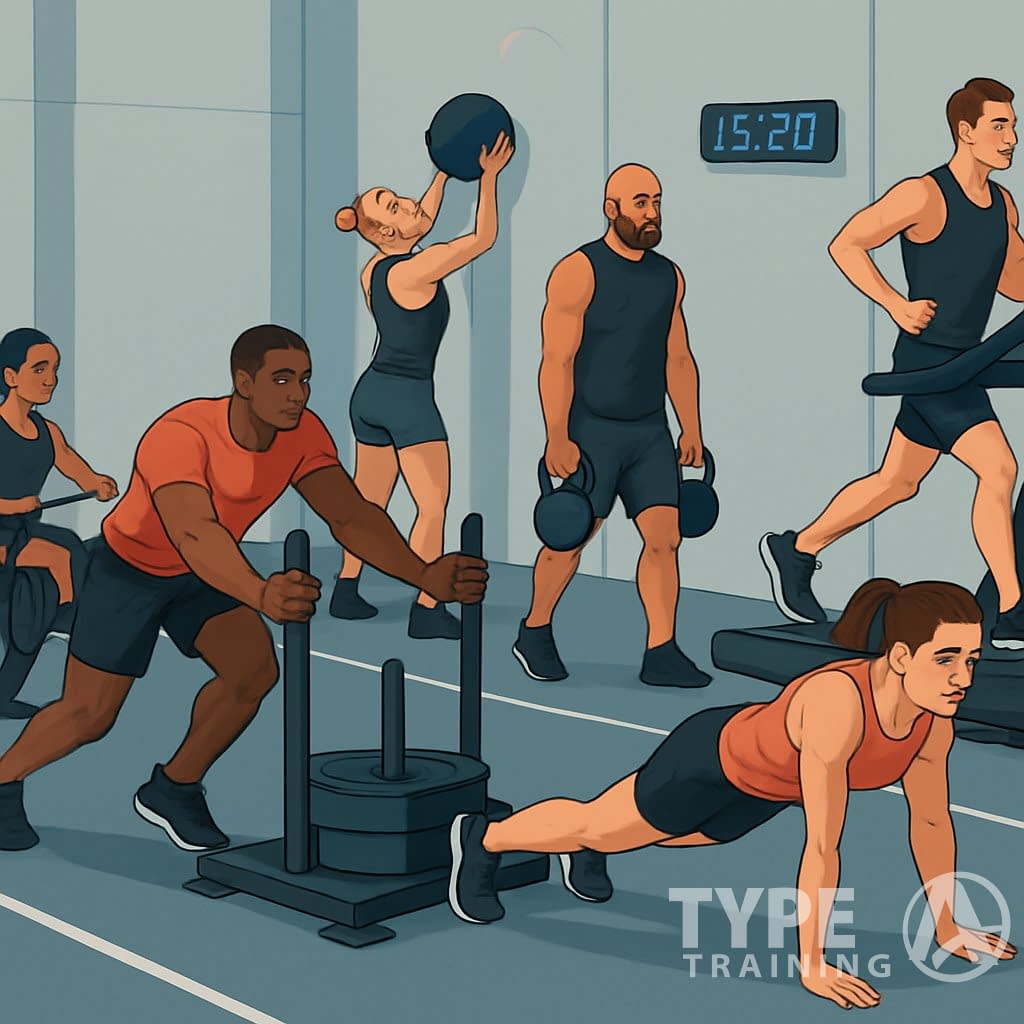 Athletes performing various HYROX training exercises at different gym stations with equipment like rowing machines, sleds, kettlebells, and treadmills.