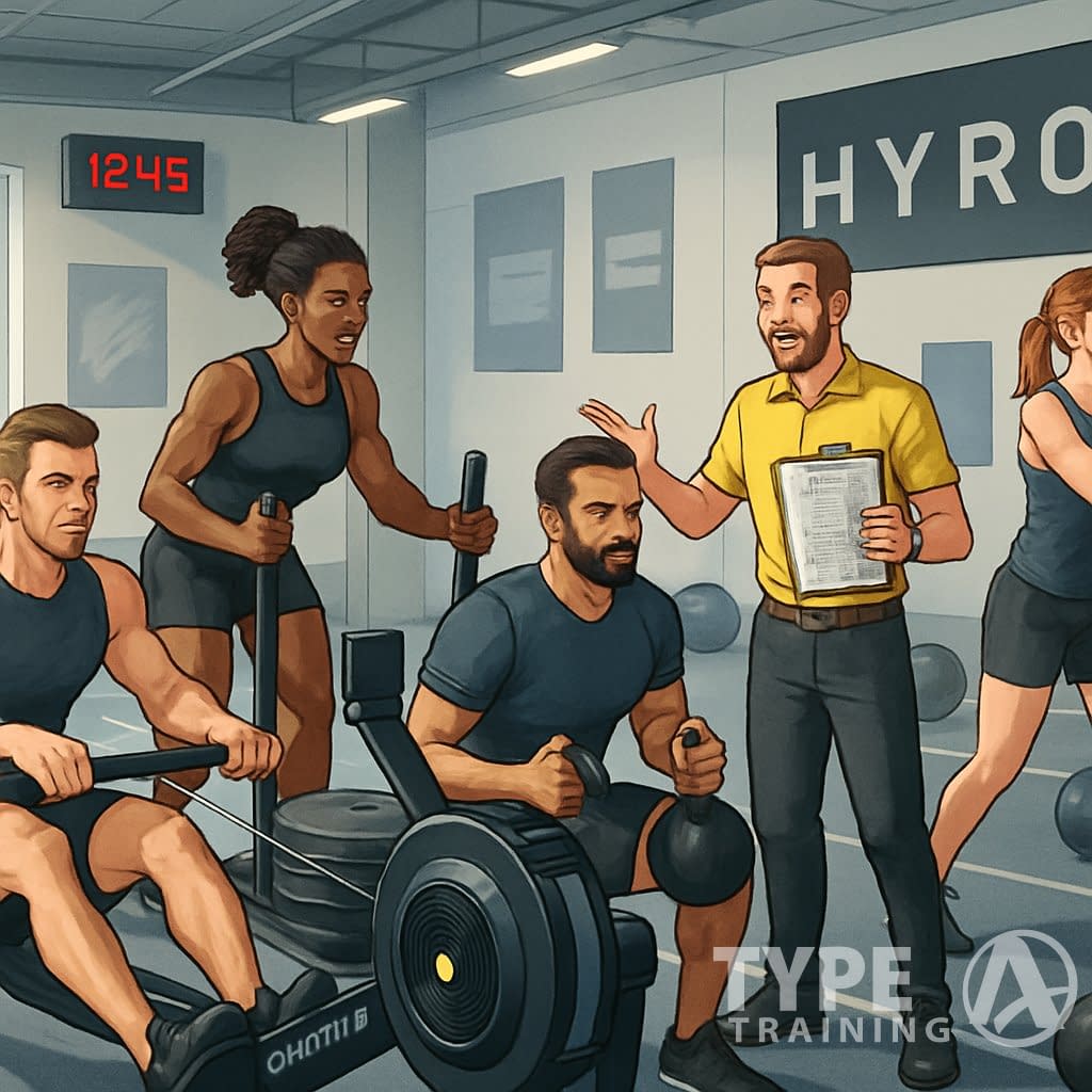 Athletes performing various HYROX training exercises in a gym while a coach guides them.