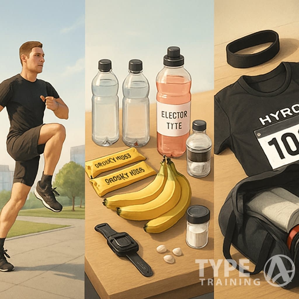 An athlete warming up outdoors, a table with race day nutrition items, and a collection of HYROX race gear including shoes, a smartwatch, and a gym bag.