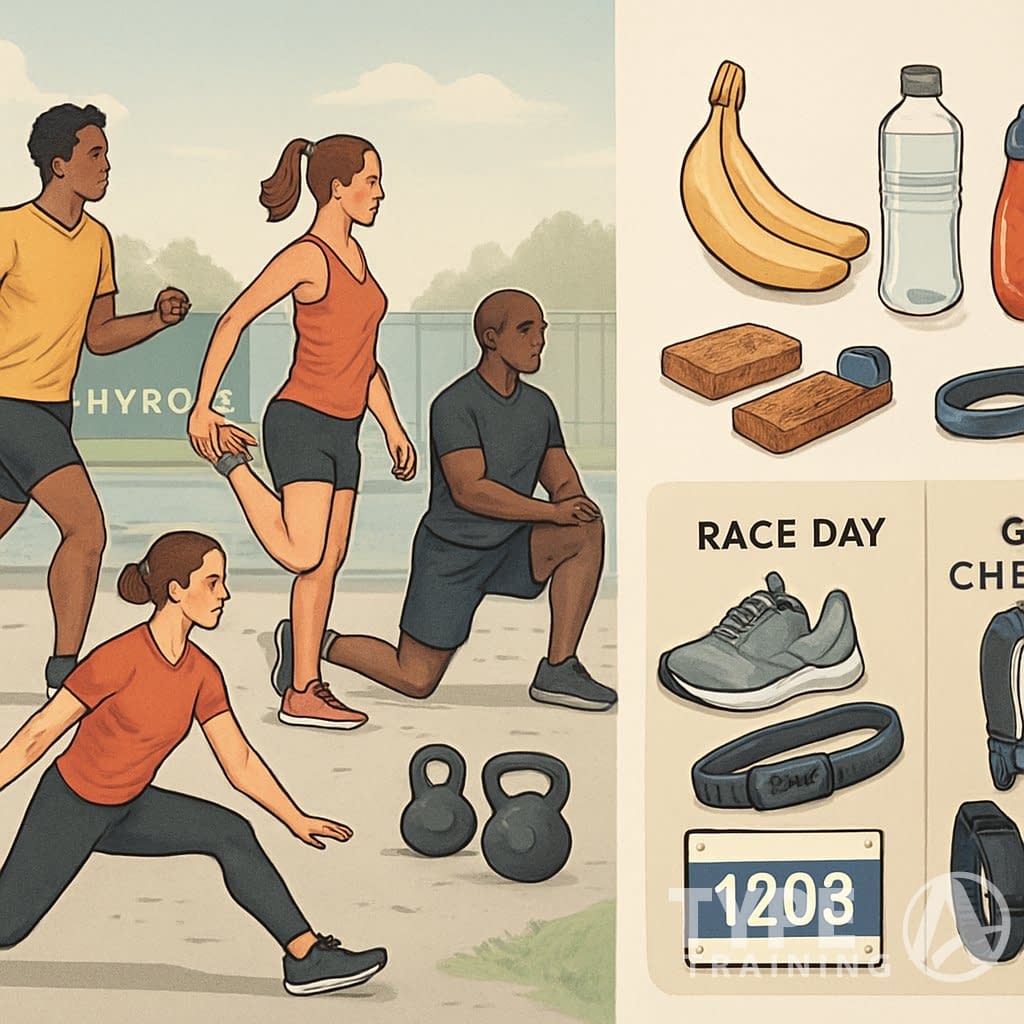 Athletes warming up outdoors with stretching and jogging, alongside a display of race day nutrition and organized gear items.