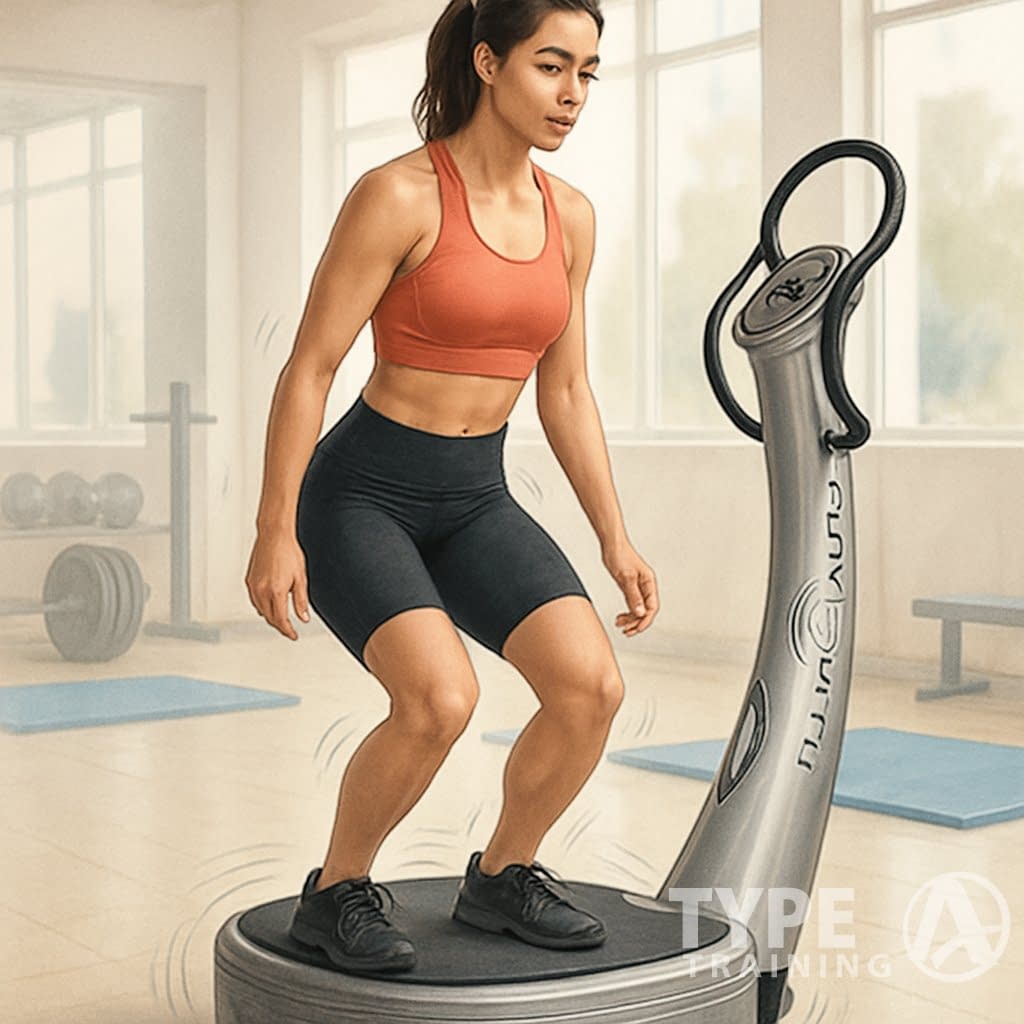 A woman standing on a vibrating exercise machine in a gym, preparing for a workout.