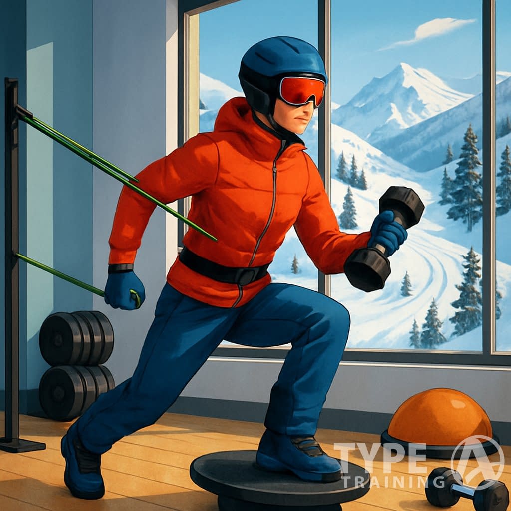 A person doing strength training exercises indoors with ski slopes visible through large windows in the background.