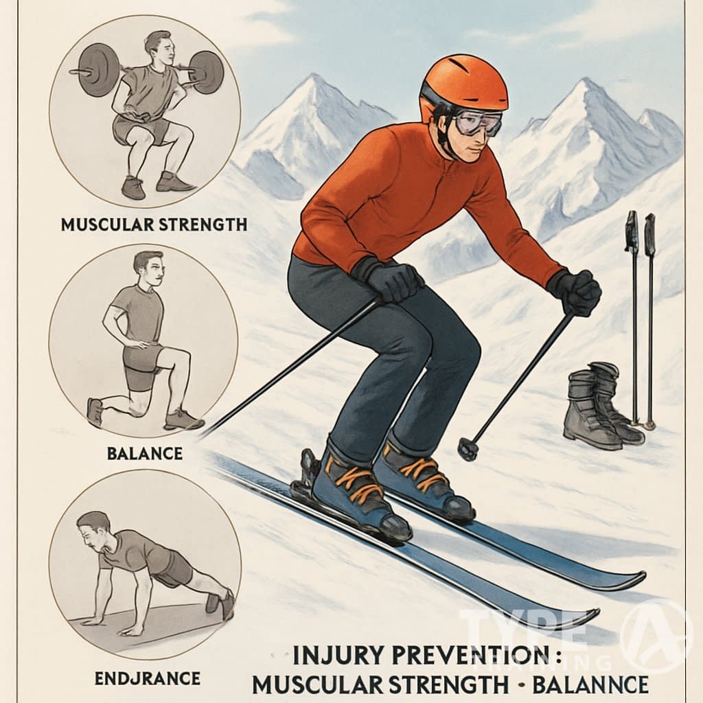 A skier on a snowy mountain slope with people performing strength training exercises nearby, including squats, lunges, and core workouts.