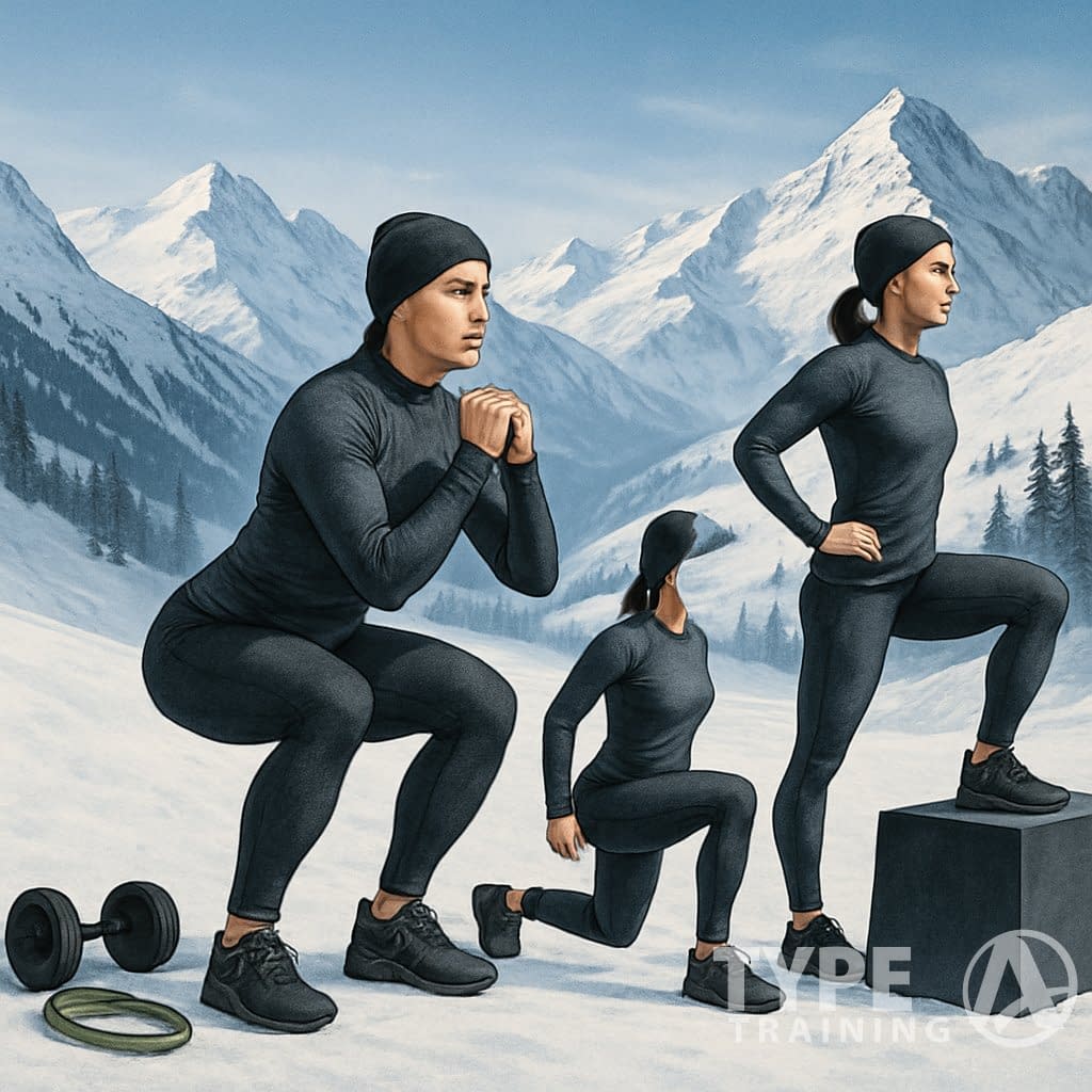 A person performing lower body strength exercises outdoors with snowy mountains and ski slopes in the background.
