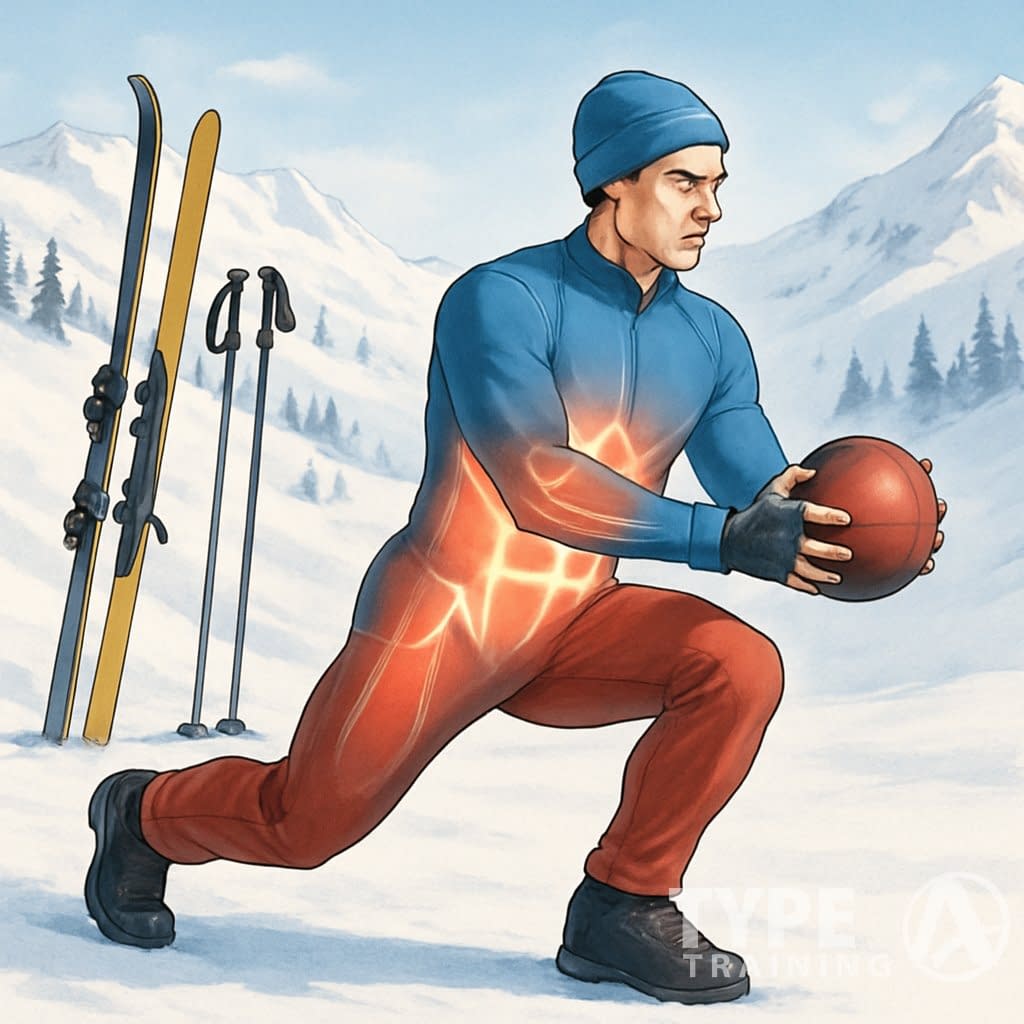 A person in winter sports clothing doing core and upper body strength exercises outdoors near snowy ski slopes with ski gear nearby.