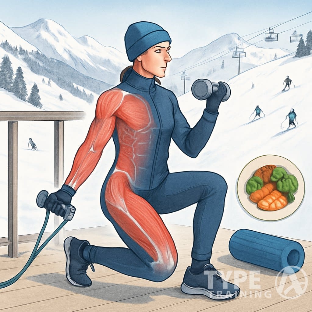 A person doing strength training exercises with resistance bands near snow-covered mountains and ski slopes, surrounded by recovery tools and muscle diagrams.