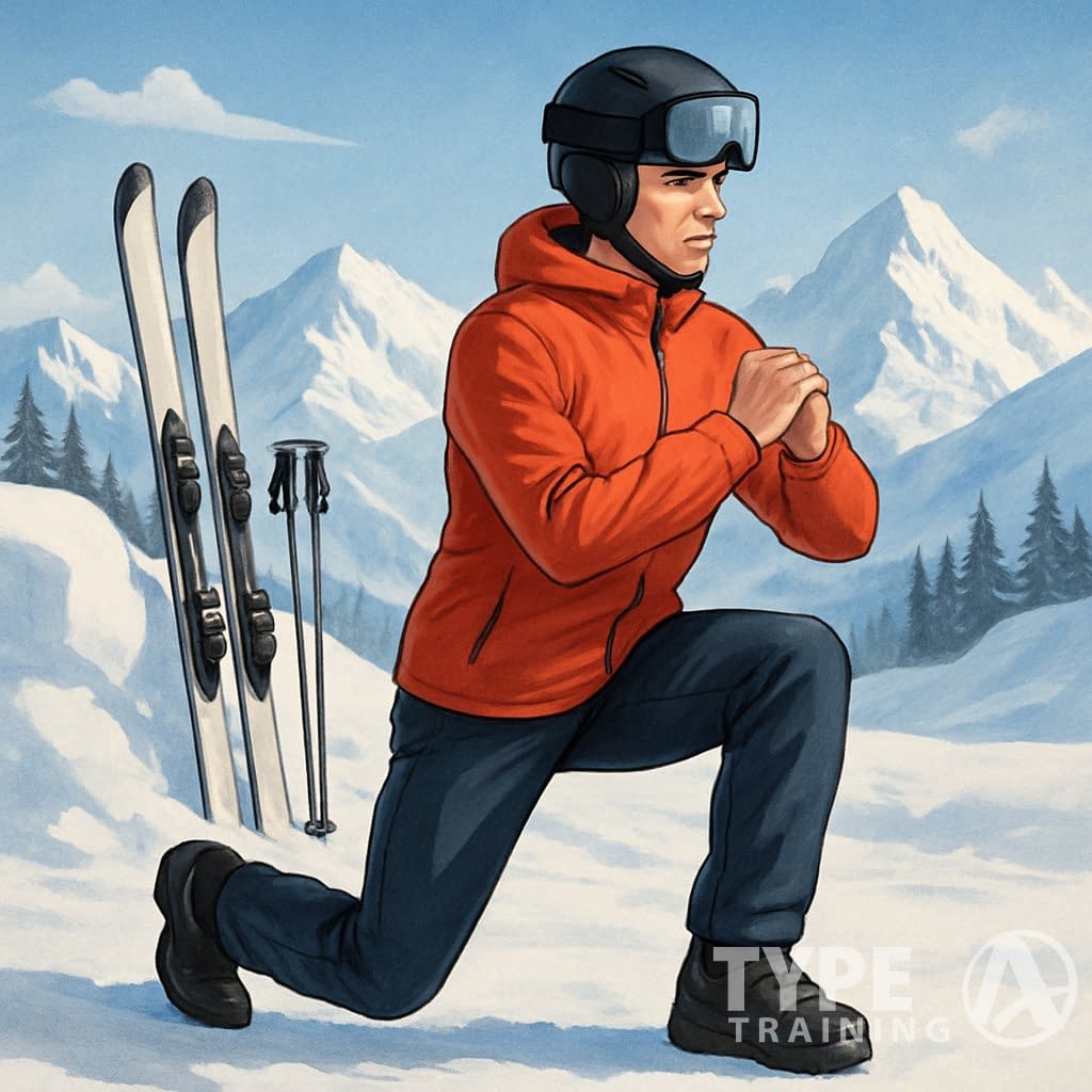 A person in winter sports gear doing strength exercises in a snowy mountain landscape with ski equipment nearby.