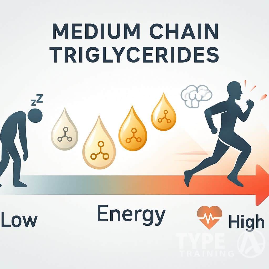 A horizontal energy scale showing progression from a tired figure on the left to a highly energized figure on the right, with oil droplets representing different types of MCT oils along the scale.